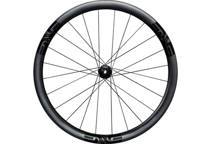 An Enve SES 3.4 AR Disc All-road Carbon disc brake front wheel with black Enve logos