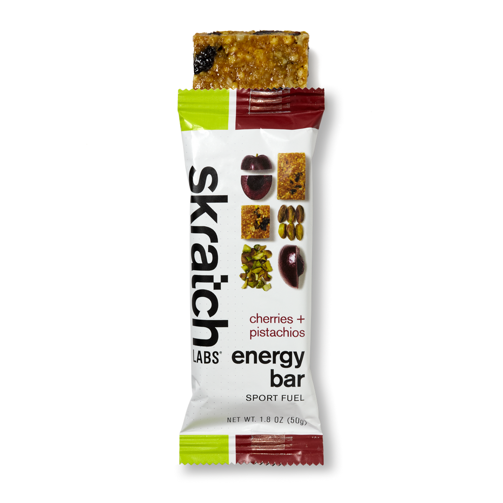 The front of a Skratch Labs raspberry lemon energy bar sport fuel