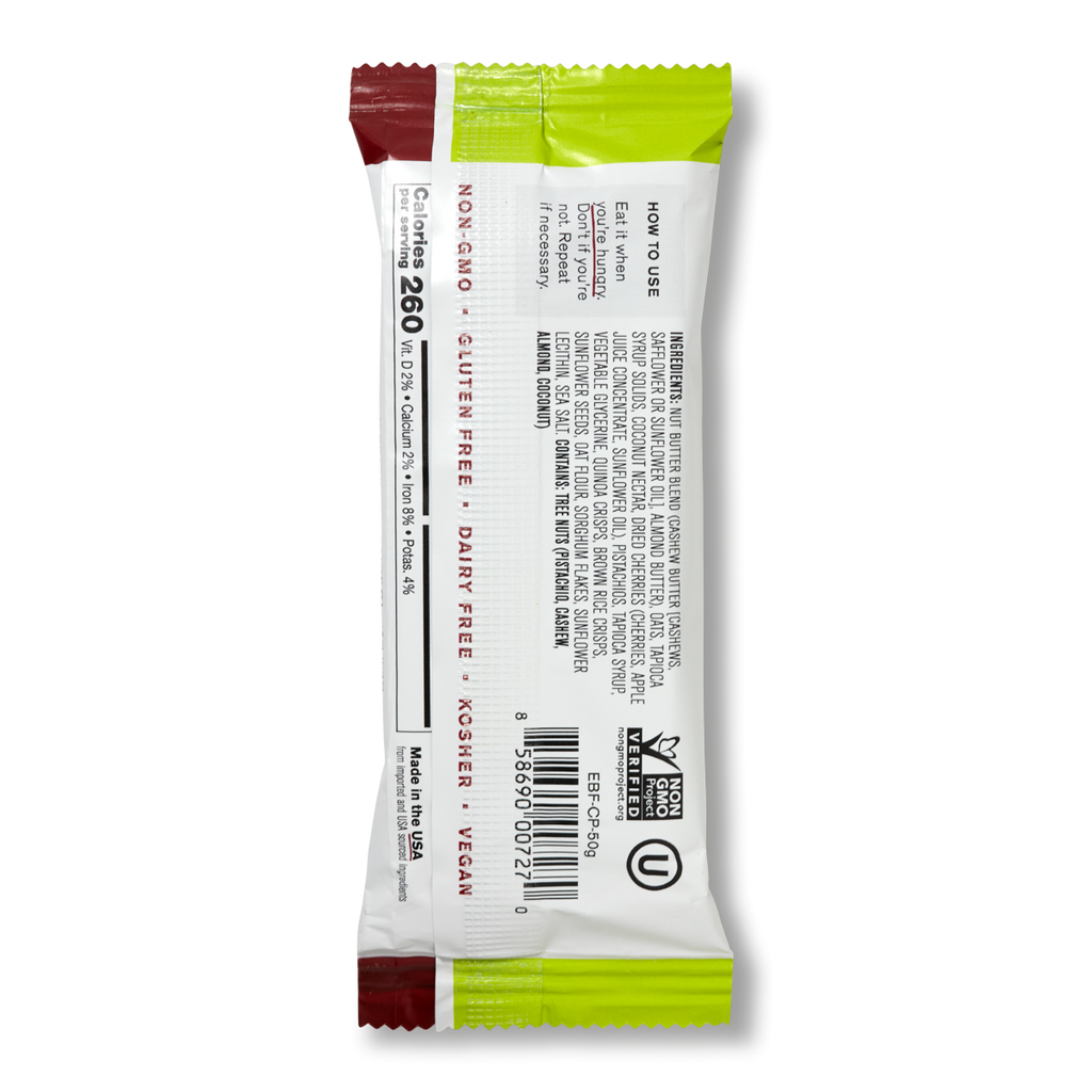 The back of a Skratch Labs cherries + pistachios energy bar sport fuel