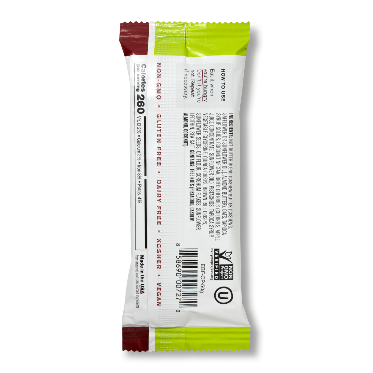 The back of a Skratch Labs cherries + pistachios energy bar sport fuel