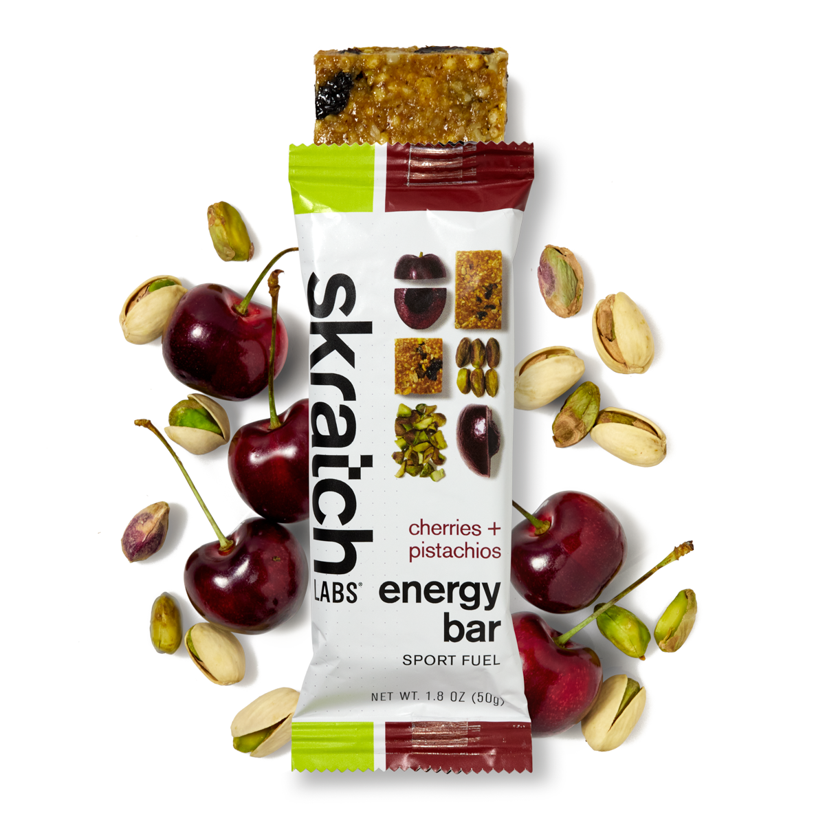 The front of a Skratch Labs cherries + pistachios energy bar sport fuel