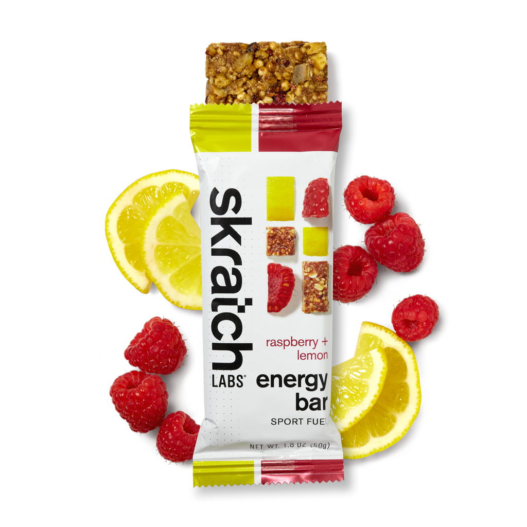 The front of a Skratch Labs raspberry lemon energy bar sport fuel