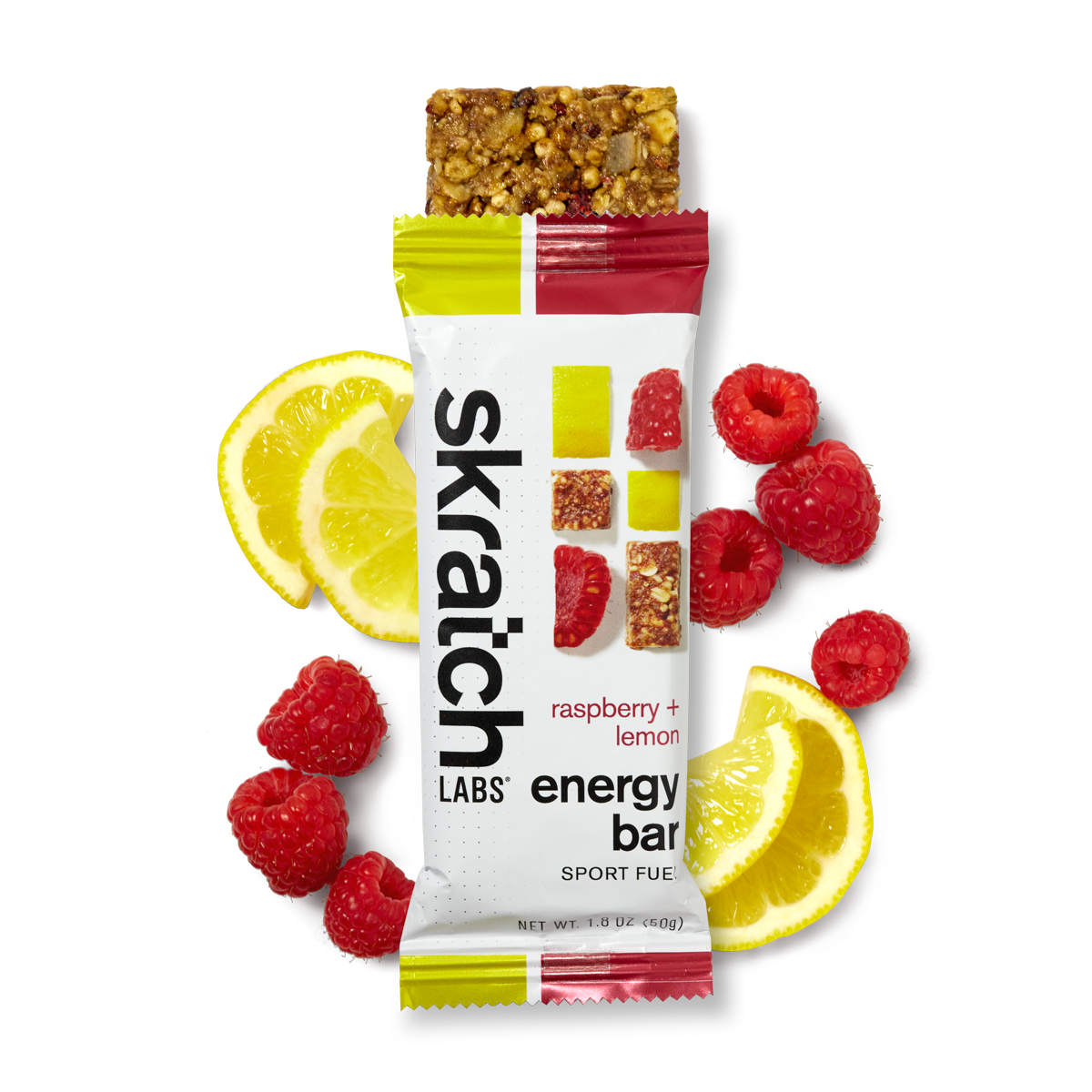 The front of a Skratch Labs raspberry lemon energy bar sport fuel