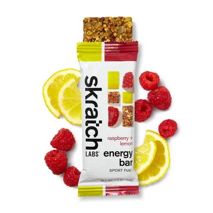 The front of a Skratch Labs raspberry lemon energy bar sport fuel