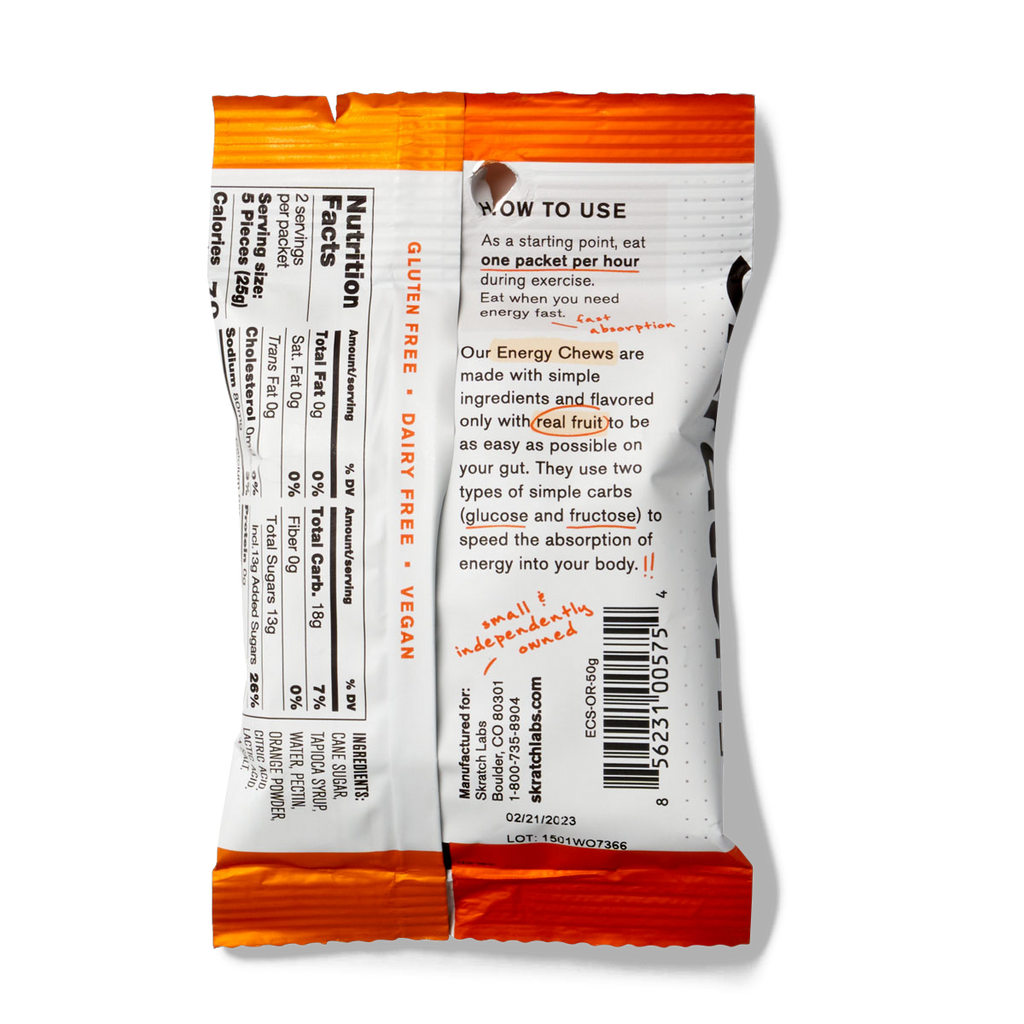 The back of a pack of Skratch Labs ornage energy chews sport fuel