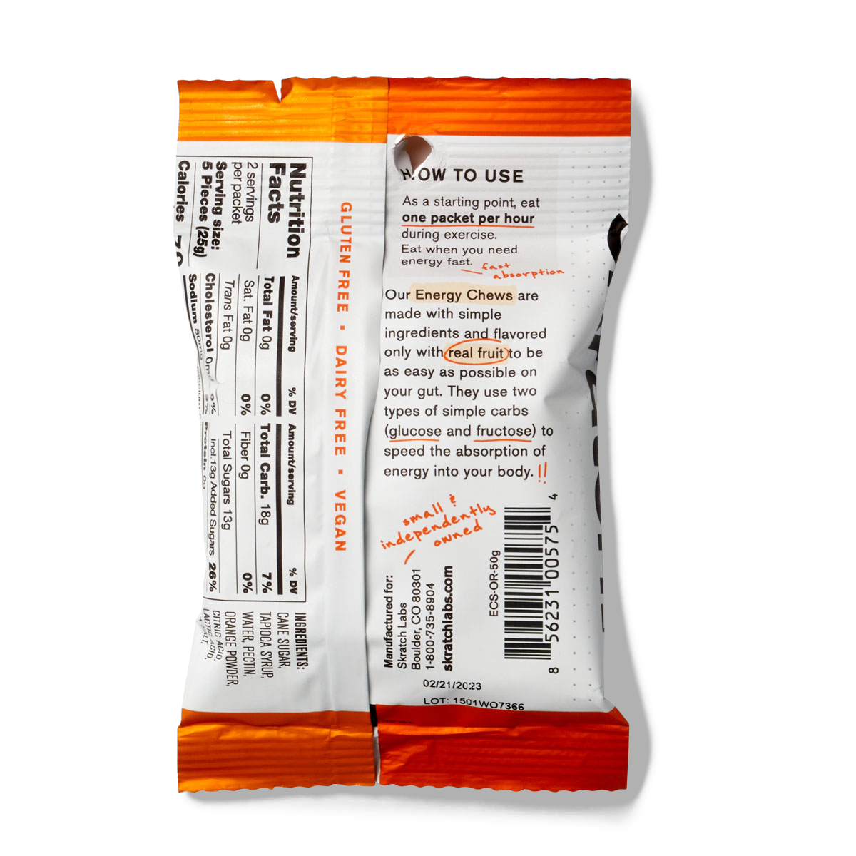 The back of a pack of Skratch Labs ornage energy chews sport fuel