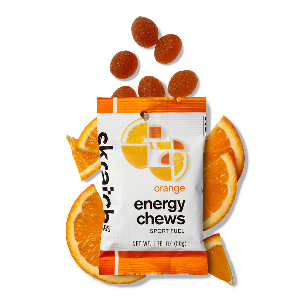 The front of a pack of Skratch Labs orange energy chews sport fuel