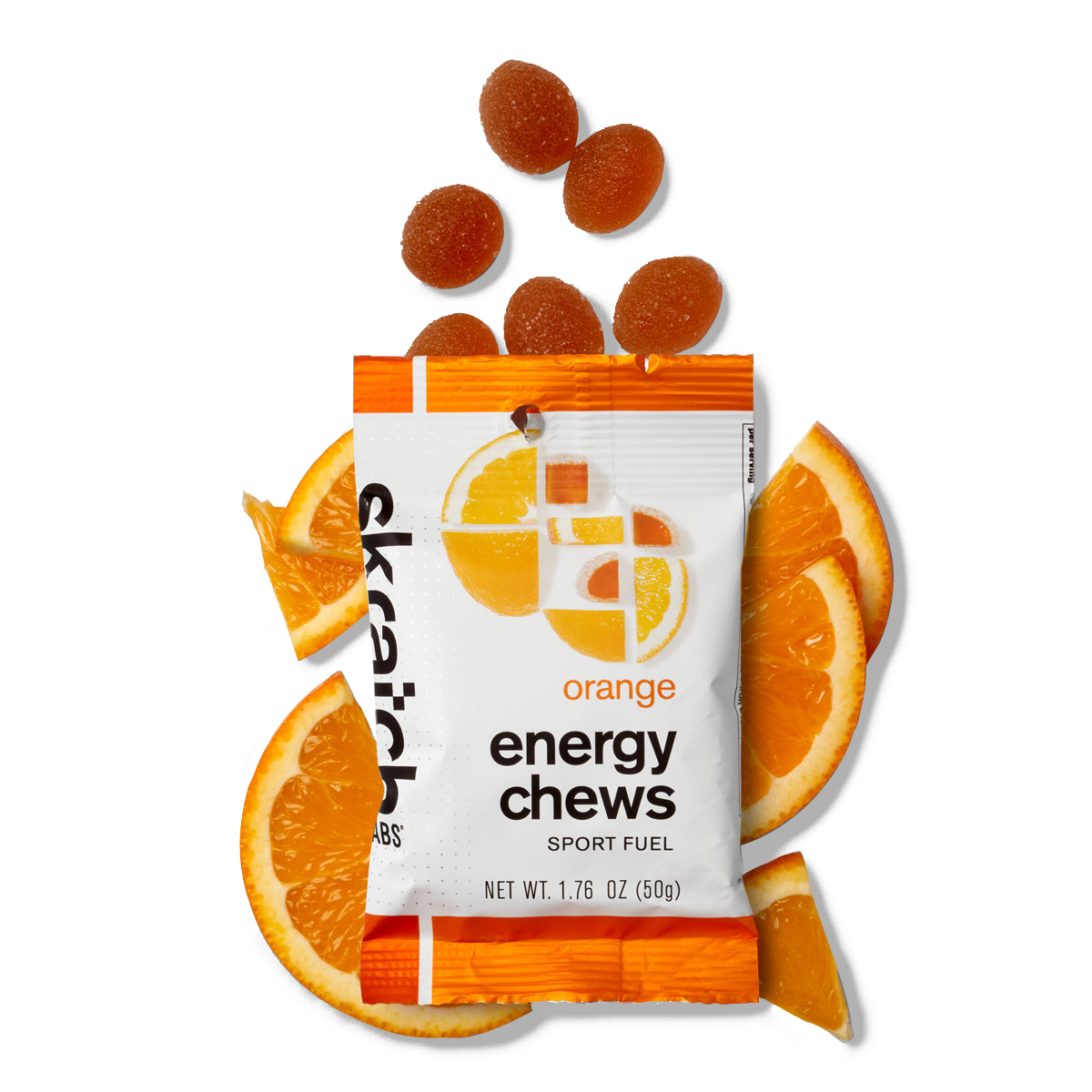 The front of a pack of Skratch Labs orange energy chews sport fuel