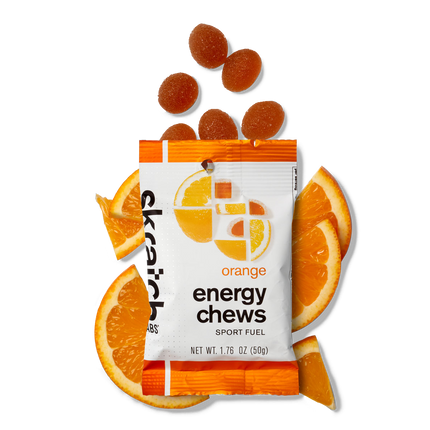 The front of a pack of Skratch Labs orange energy chews sport fuel