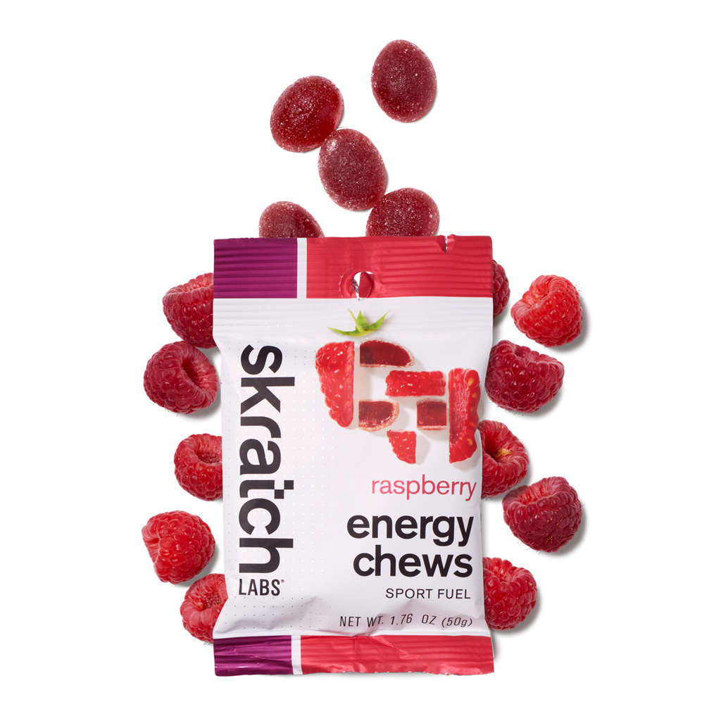 The front of a pack of Skratch Labs raspberry energy chews sport fuel