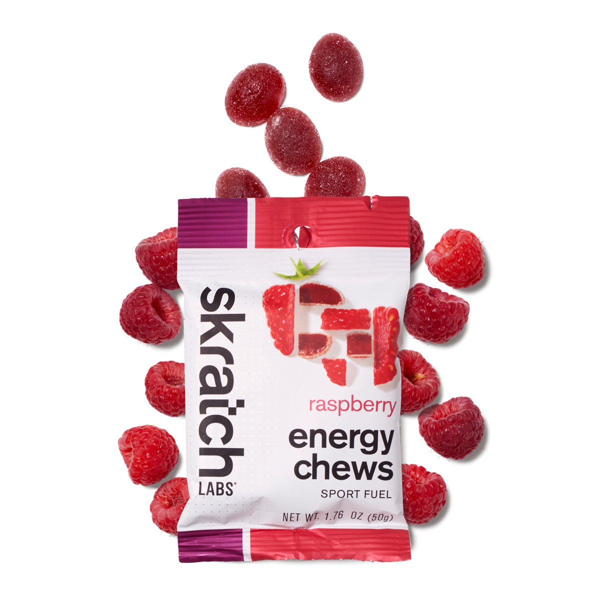 A packet of Skratch Labs Raspberry flavored energy chews
