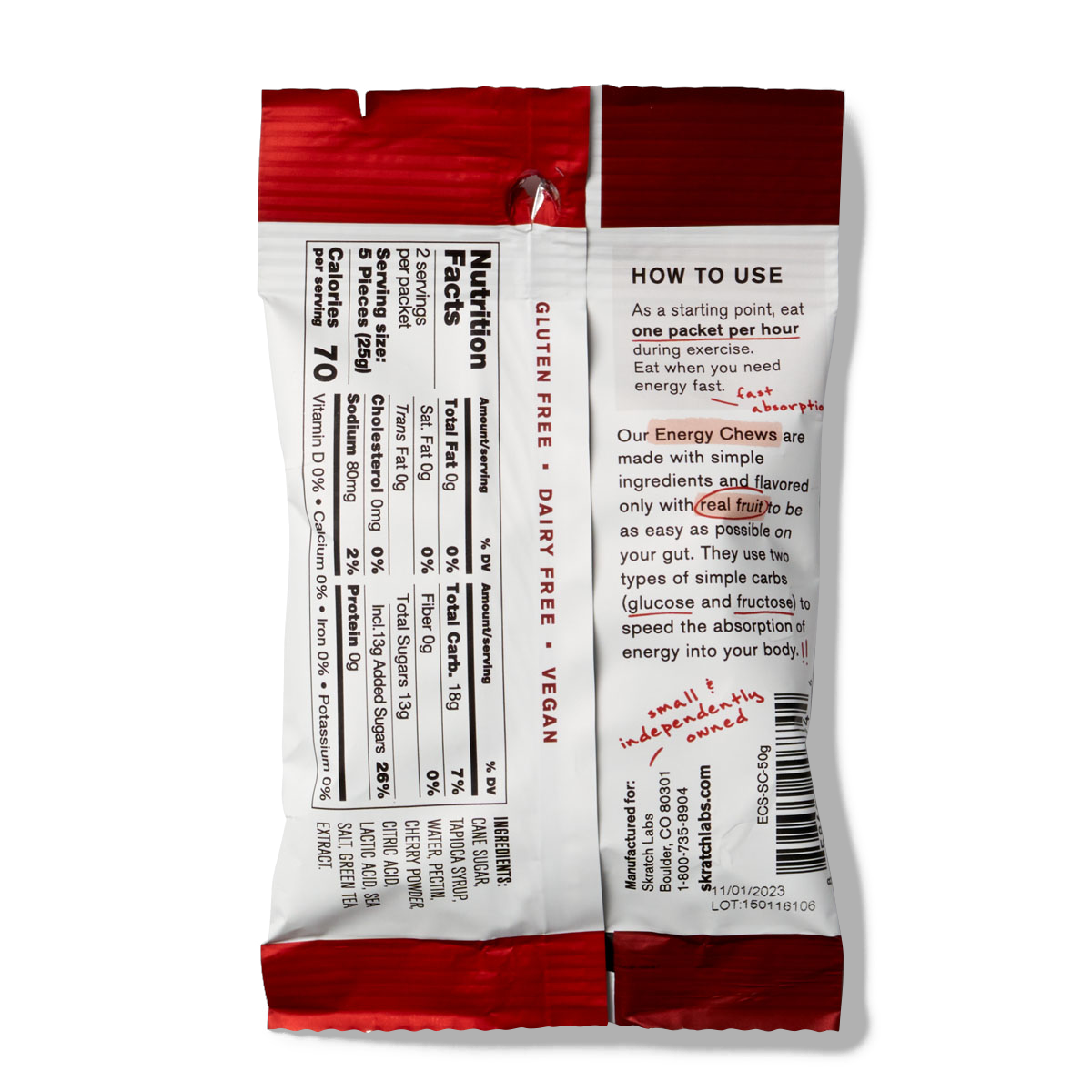 The back of a pack of Skratch Labs sour cherry energy chews sport fuel