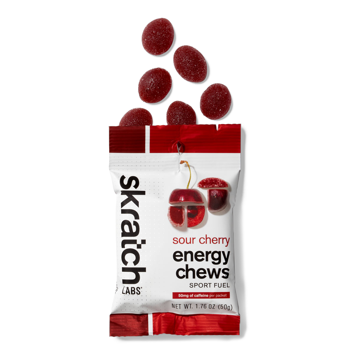 The front of a pack of Skratch Labs sour cherry energy chews sport fuel