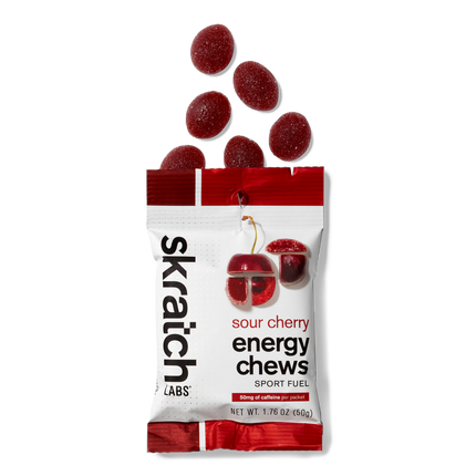 The front of a pack of Skratch Labs sour cherry energy chews sport fuel