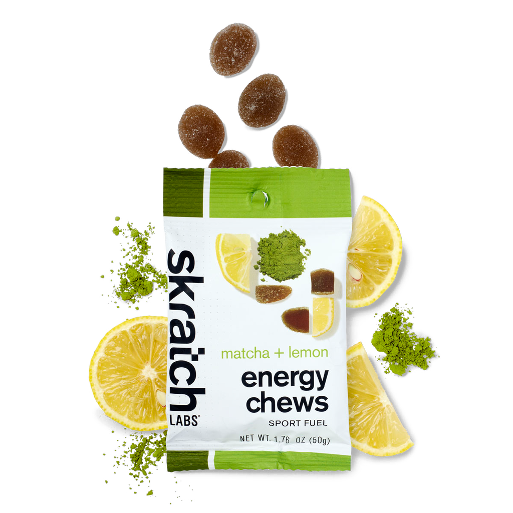 The front of a pack of Skratch Labs matcha + lemon energy chews sport fuel
