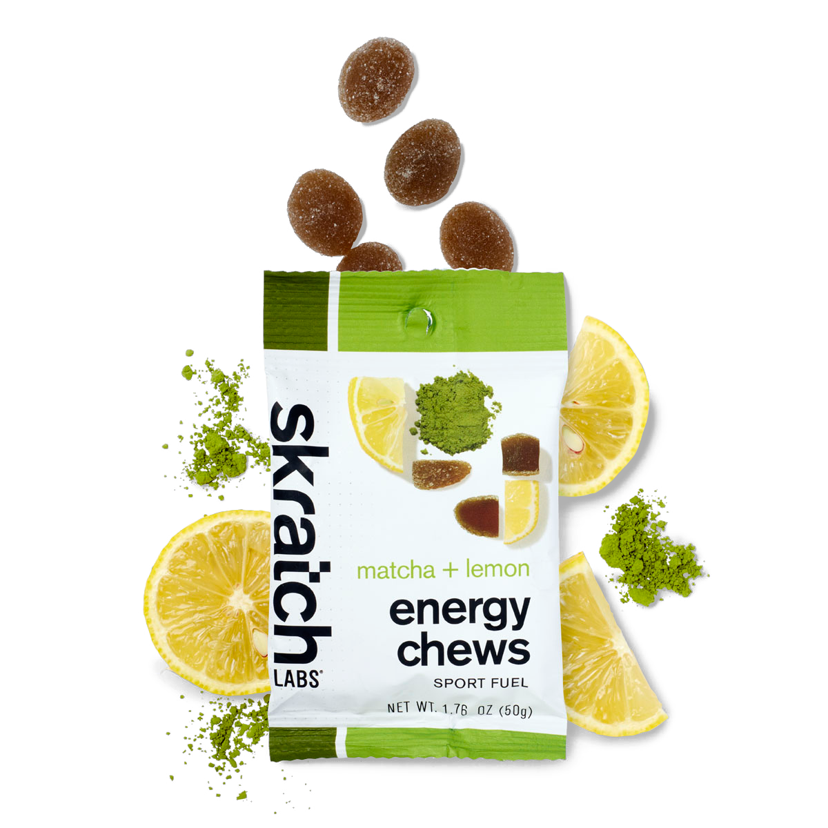 A packet of Skratch Labs Matcha and Lemon Energy Chews 