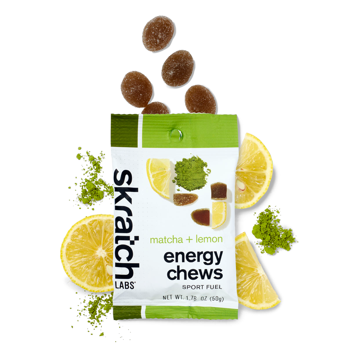 The front of a pack of Skratch Labs matcha + lemon energy chews sport fuel