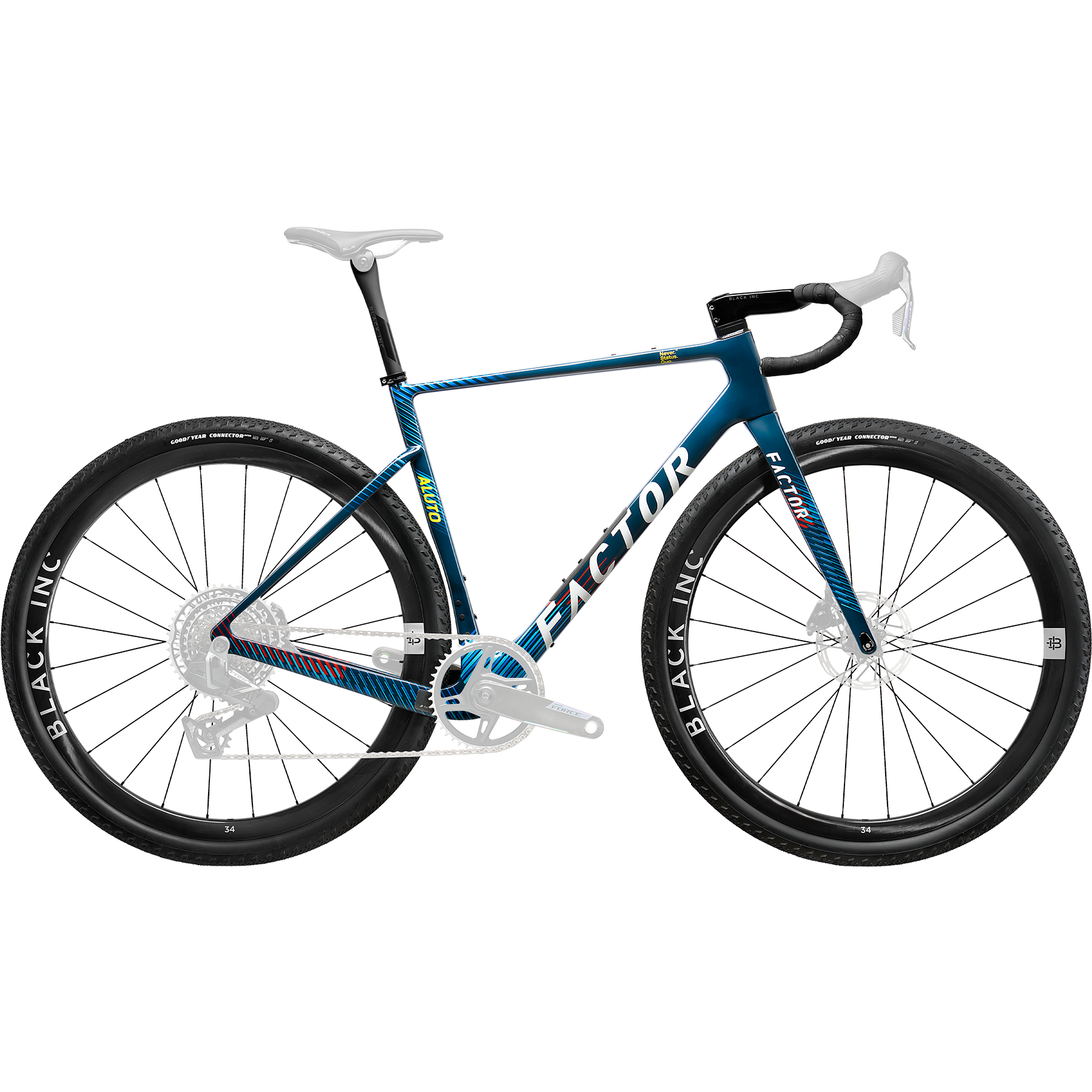 The side of a Raptor Blue Factor Aluto gravel race bike with transparent background