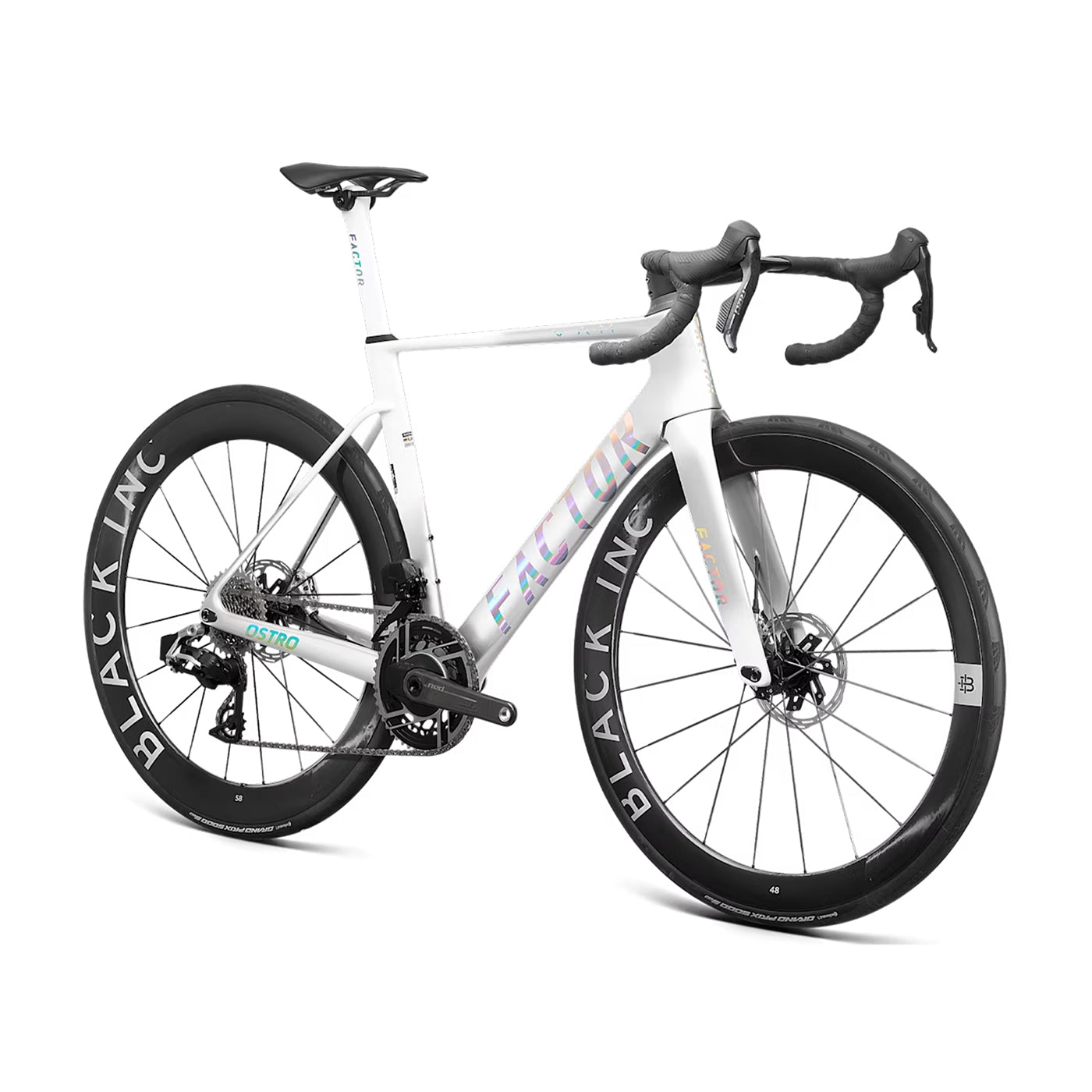 A studio image of a Factor Ostro VAM aero bike in Arctic Chrome #arctic-chrome