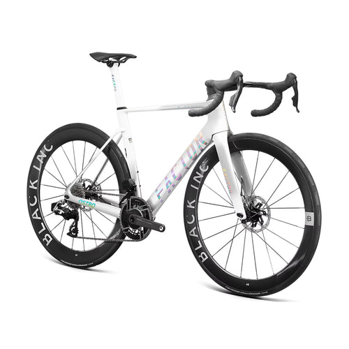 A studio image of a Factor Ostro VAM aero bike in Arctic Chrome #arctic-chrome