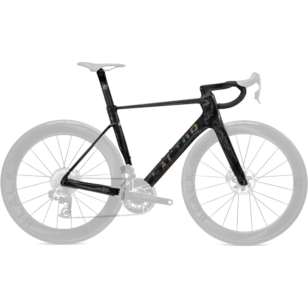 A studio image of a Factor Ostro VAM aero bike in Raw Carbon #Black