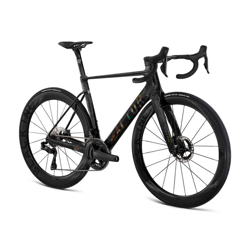 A studio image of a Factor Ostro VAM aero bike in Raw Carbon #Black