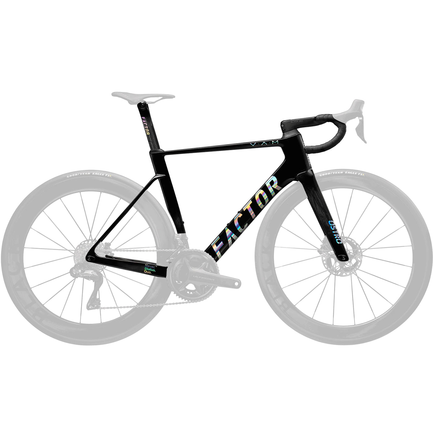A studio image of a Factor Ostro VAM aero bike in Gloss Chrome #Gloss-Chrome