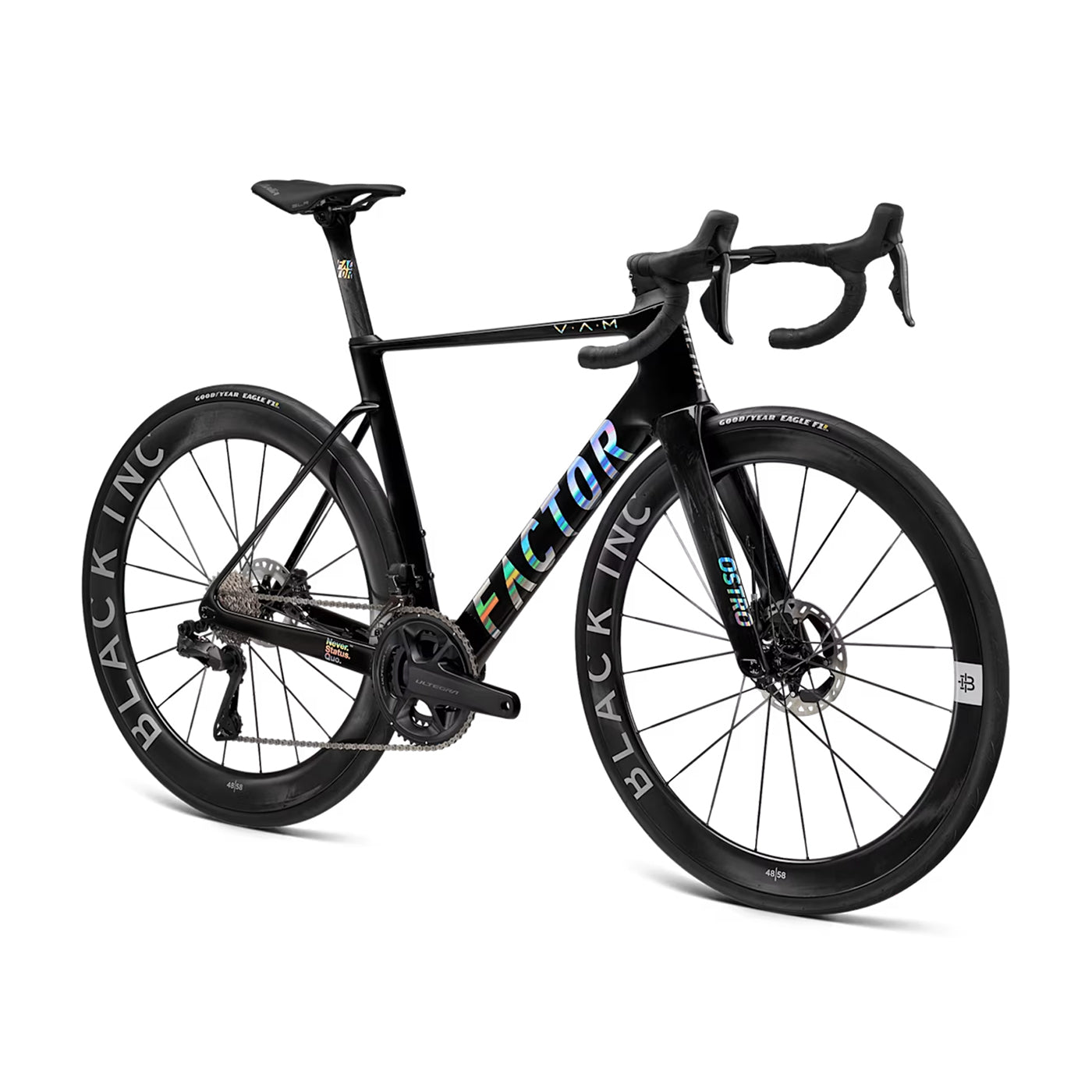 A studio image of a Factor Ostro VAM aero bike in Gloss Chrome #Gloss-Chrome