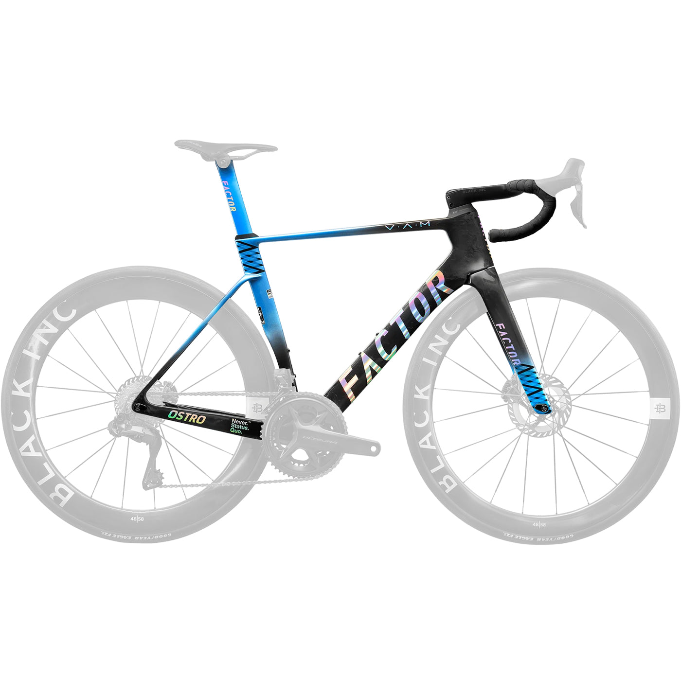 A studio image of a Factor Ostro VAM aero bike in Icon Blue #Icon-Blue