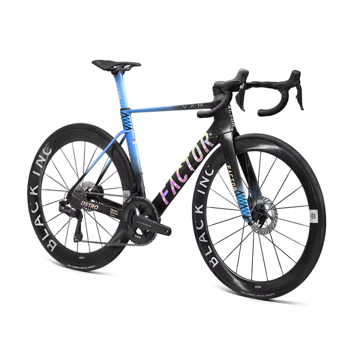 A studio image of a Factor Ostro VAM aero bike in Icon Blue #Icon-Blue