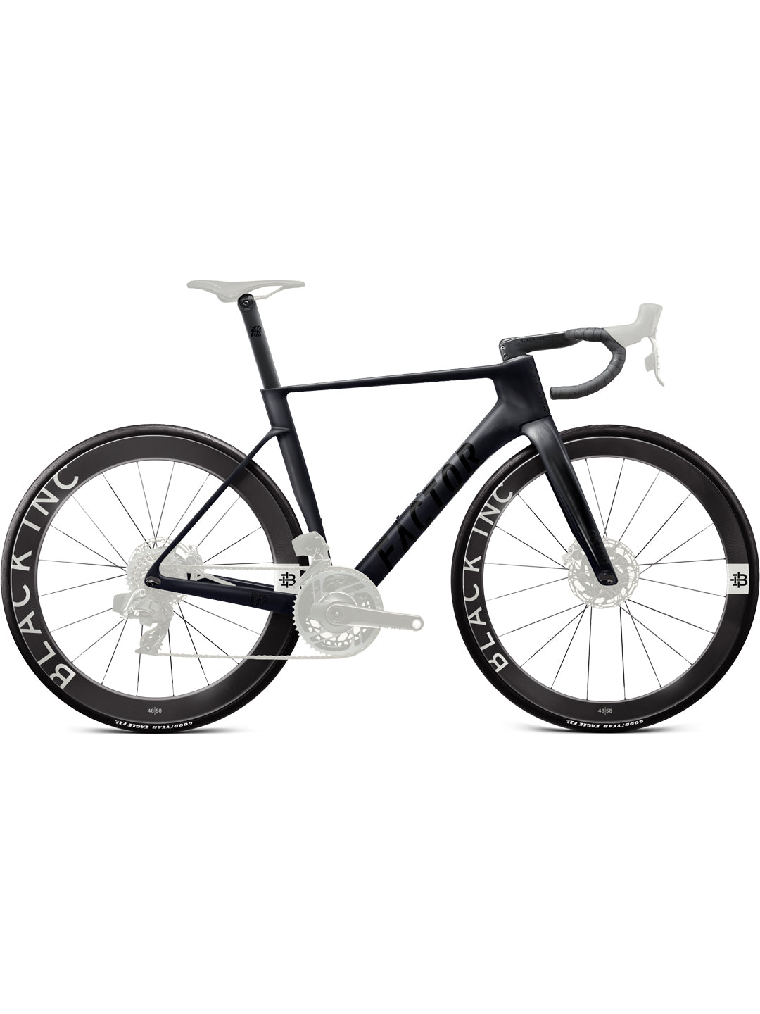 The side profile of a Factor Ostro VAM Premium package in the Naked Carbon Prisma finish, and with Black Inc 48|55 wheels.