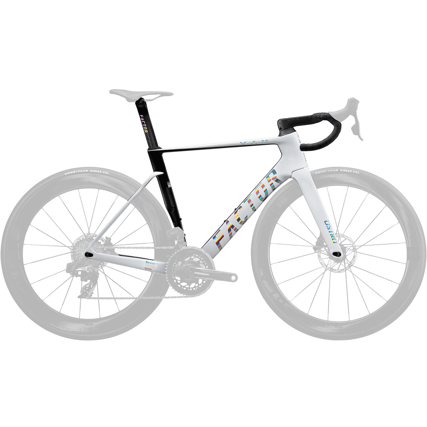 A studio image of a Factor Ostro VAM aero bike in White Chrome #White-Chrome