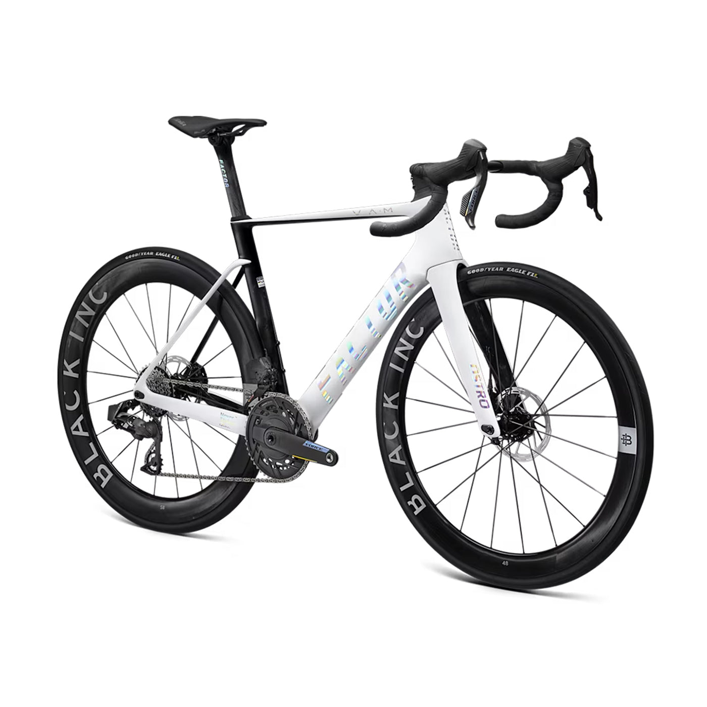 A studio image of a Factor Ostro VAM aero bike in White Chrome #White-Chrome