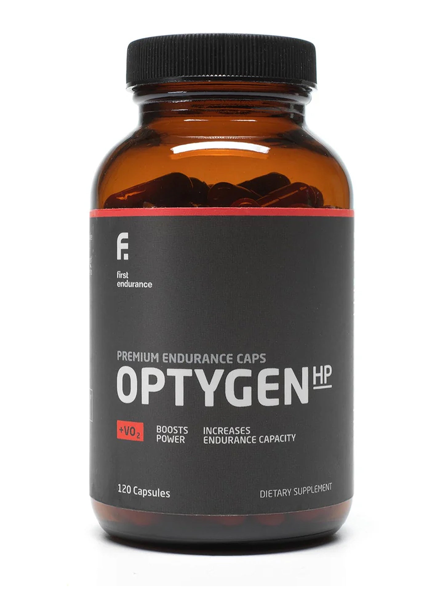 A glass bottle of First Endurance OptygenHP Endurance Sport Performance Supplement