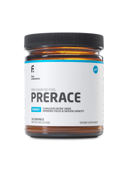 A glass container of First Endurance Prerace pre exercise fuel supplement 