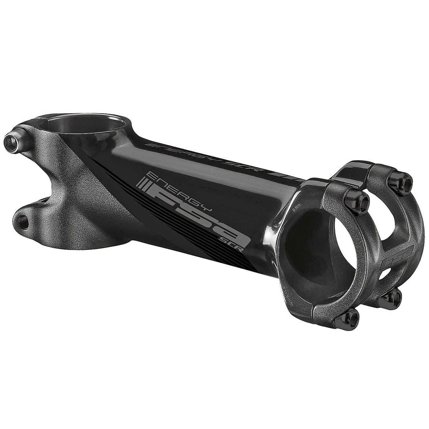 A detail shot of a FSA Energy SCR aluminum road bike stem