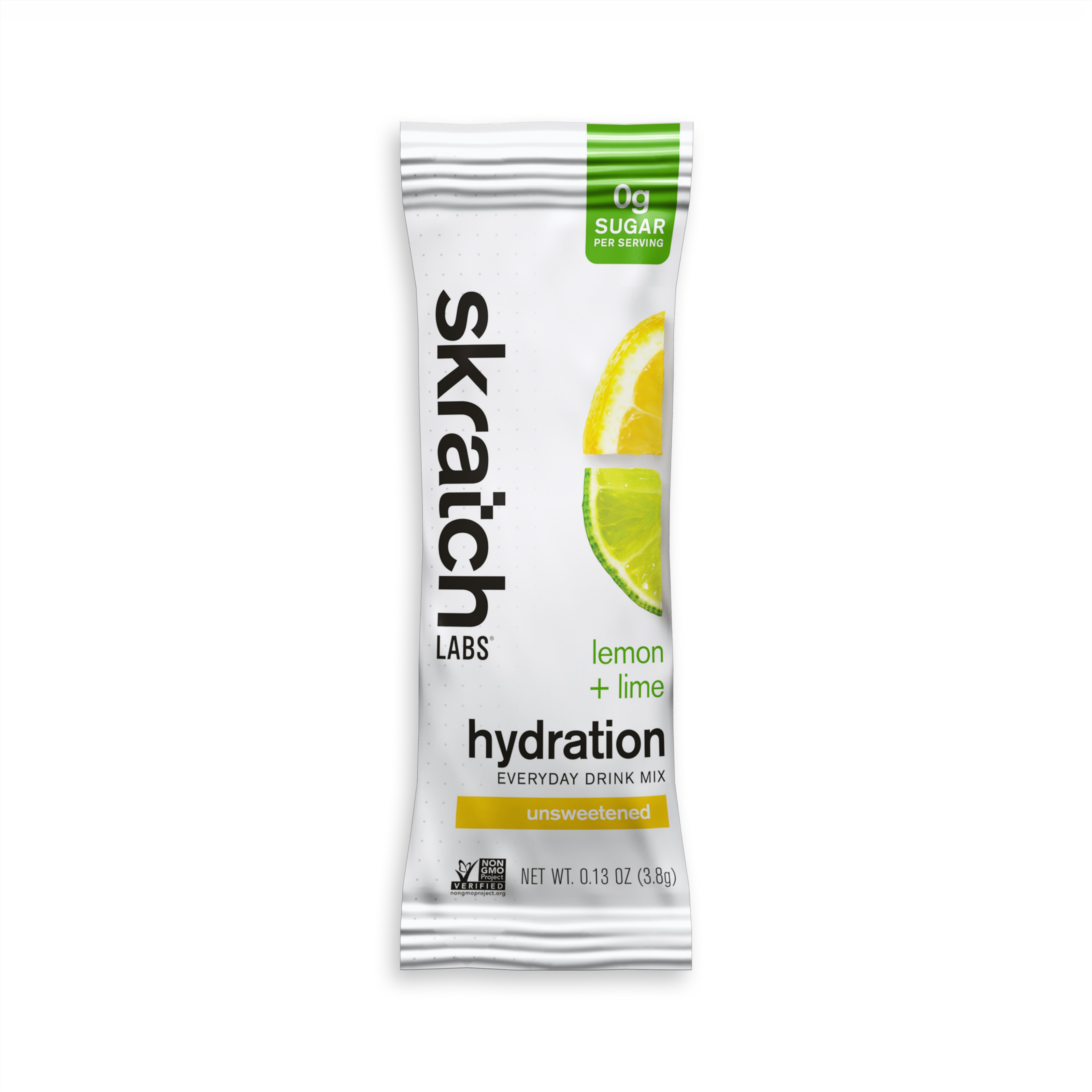 The front of a single serving packet of Skratch Labs Everyday Hydration Drink Mix in lemon lime flavor