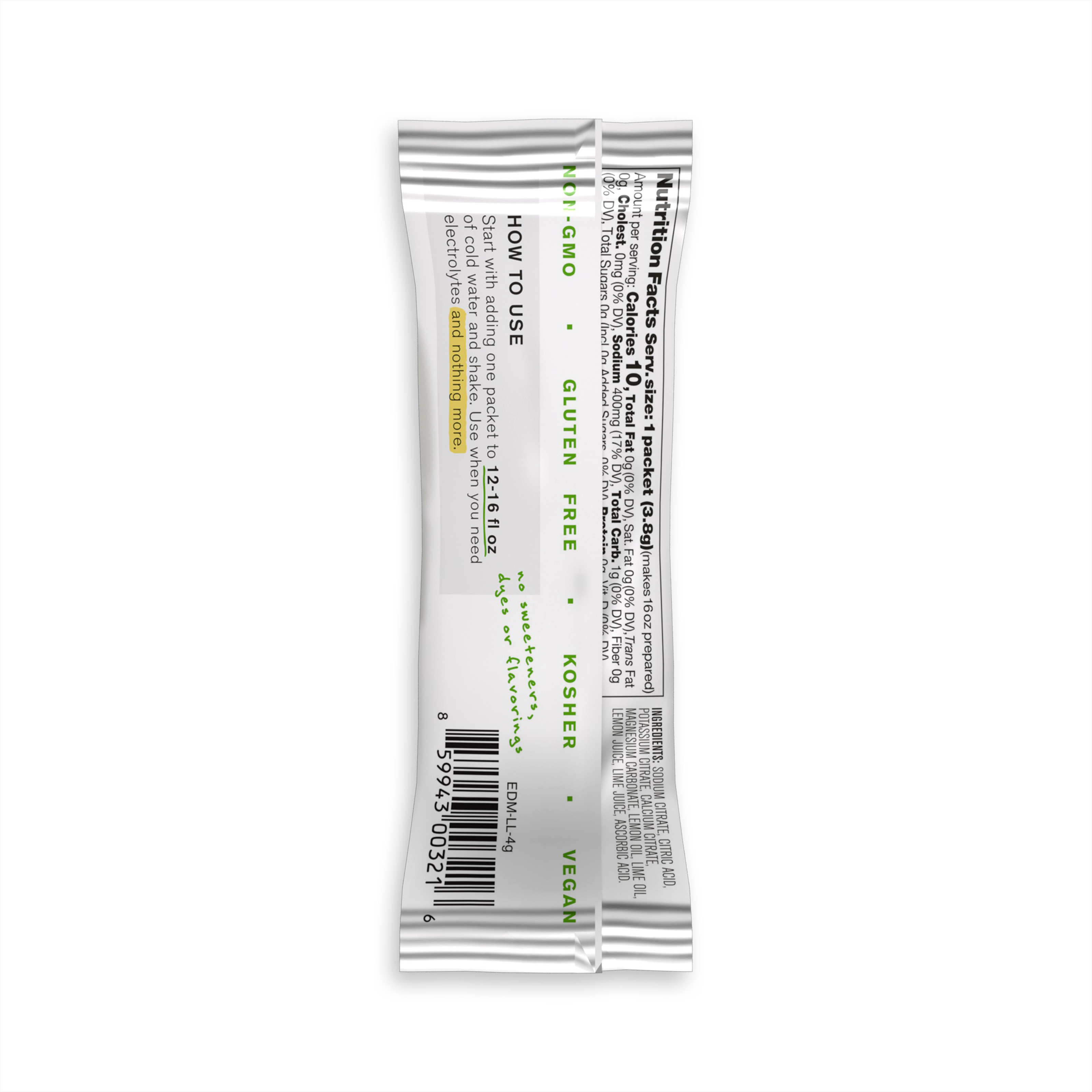 The back of a single packet of Skratch Labs Everyday Hydration Drink Mix in lemon lime flavor