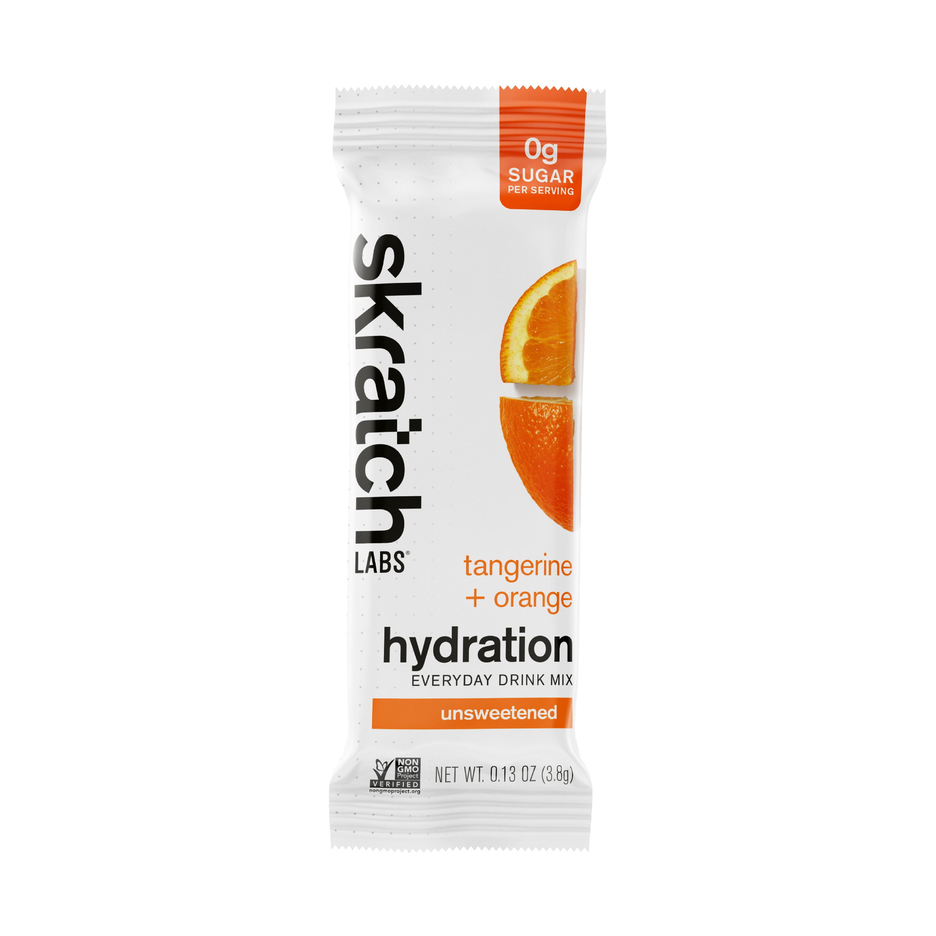 A single packet of Skratch Labs Everyday Hydration Drink Mix in tangerine orange flavor