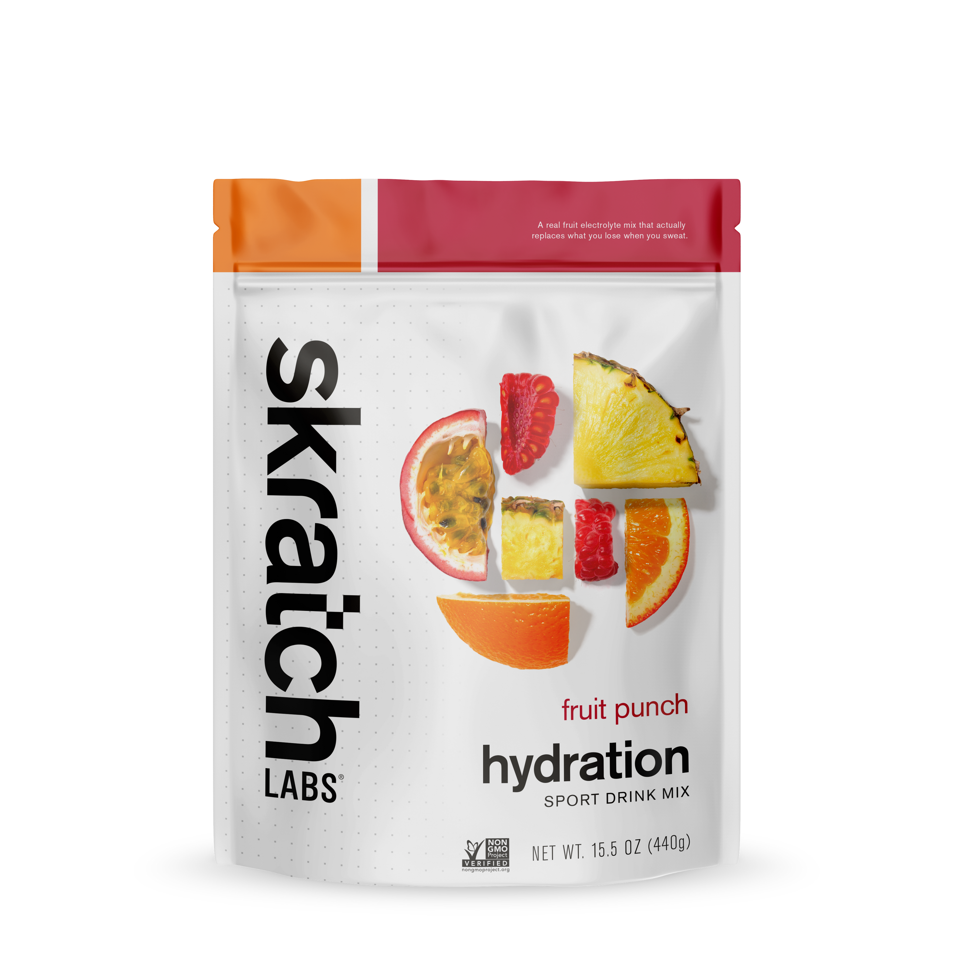 A front of a pouch of Skratch Labs fruit punch hydration sport drink mix