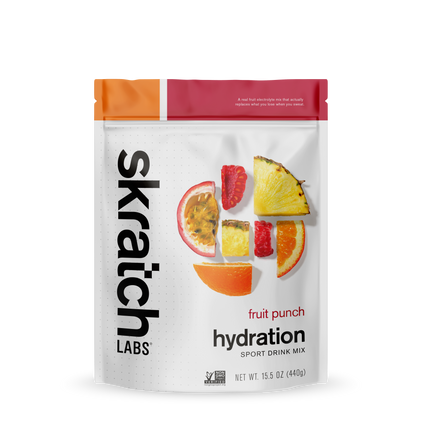 A front of a pouch of Skratch Labs fruit punch hydration sport drink mix