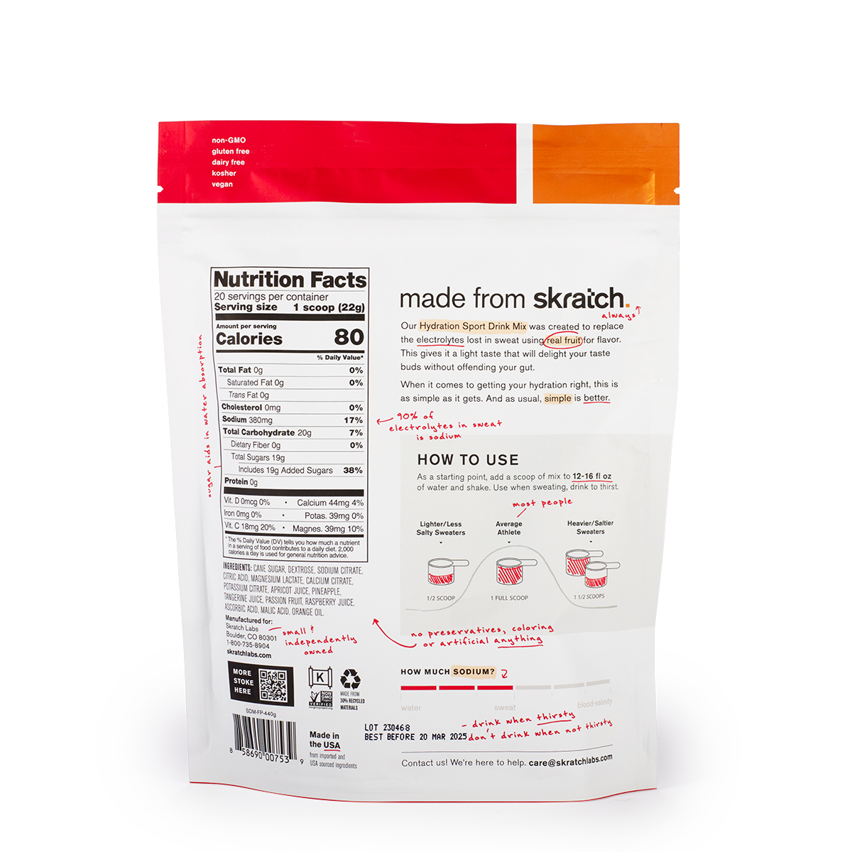 A back of a pouch of Skratch Labs fruit punch hydration sport drink mix