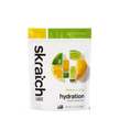 A front of a pouch of Skratch Labs lemon + lime hydration sport drink mix