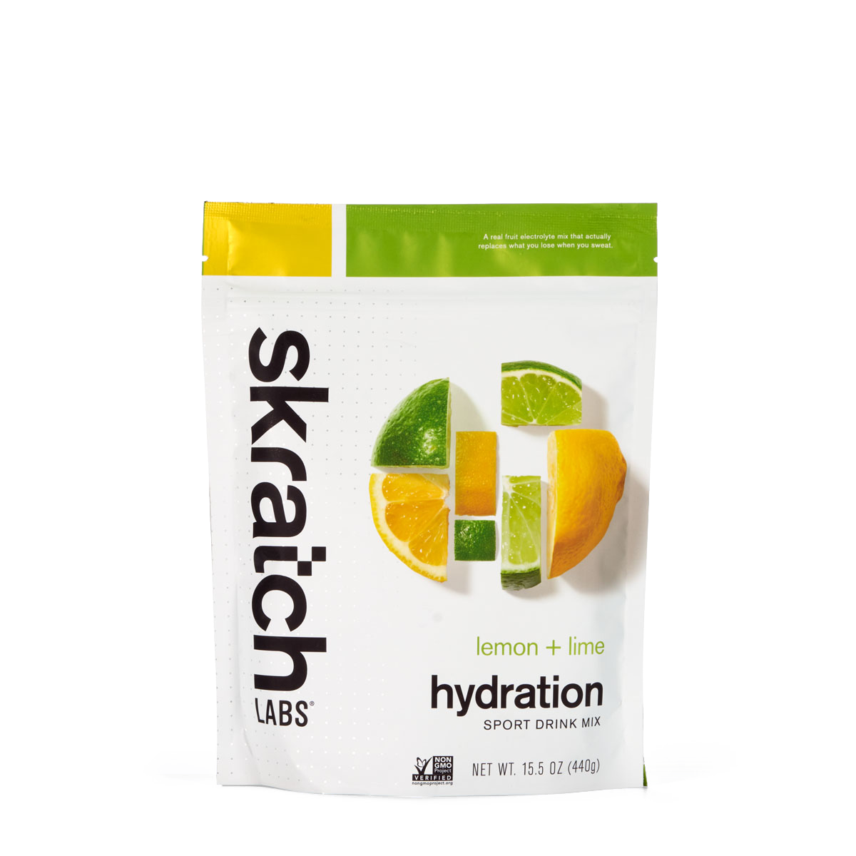 A front of a pouch of Skratch Labs lemon + lime hydration sport drink mix