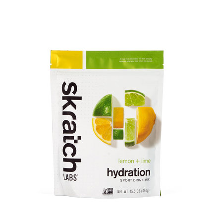 A front of a pouch of Skratch Labs lemon + lime hydration sport drink mix