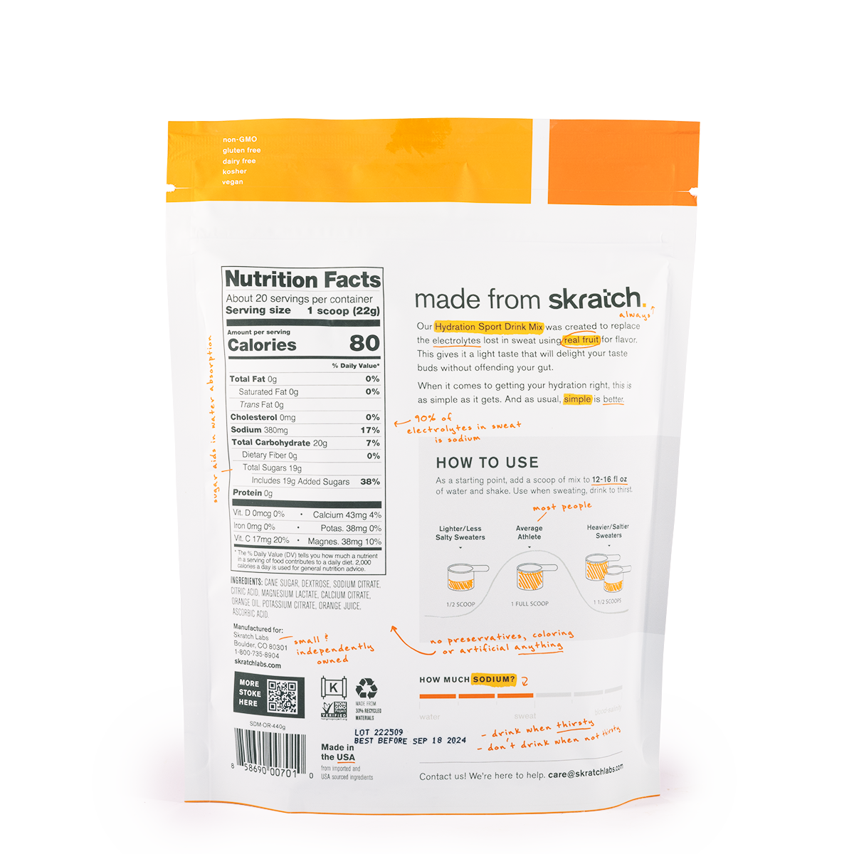 A back of a pouch of Skratch Labs orange hydration sport drink mix