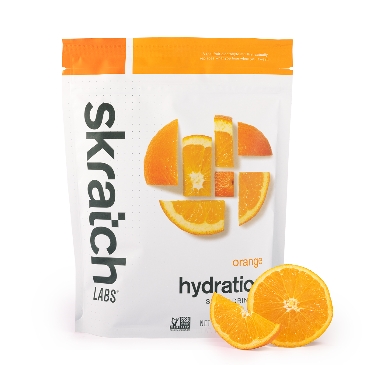 A front of a pouch of Skratch Labs orange hydration sport drink mix