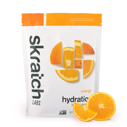 A front of a pouch of Skratch Labs orange hydration sport drink mix