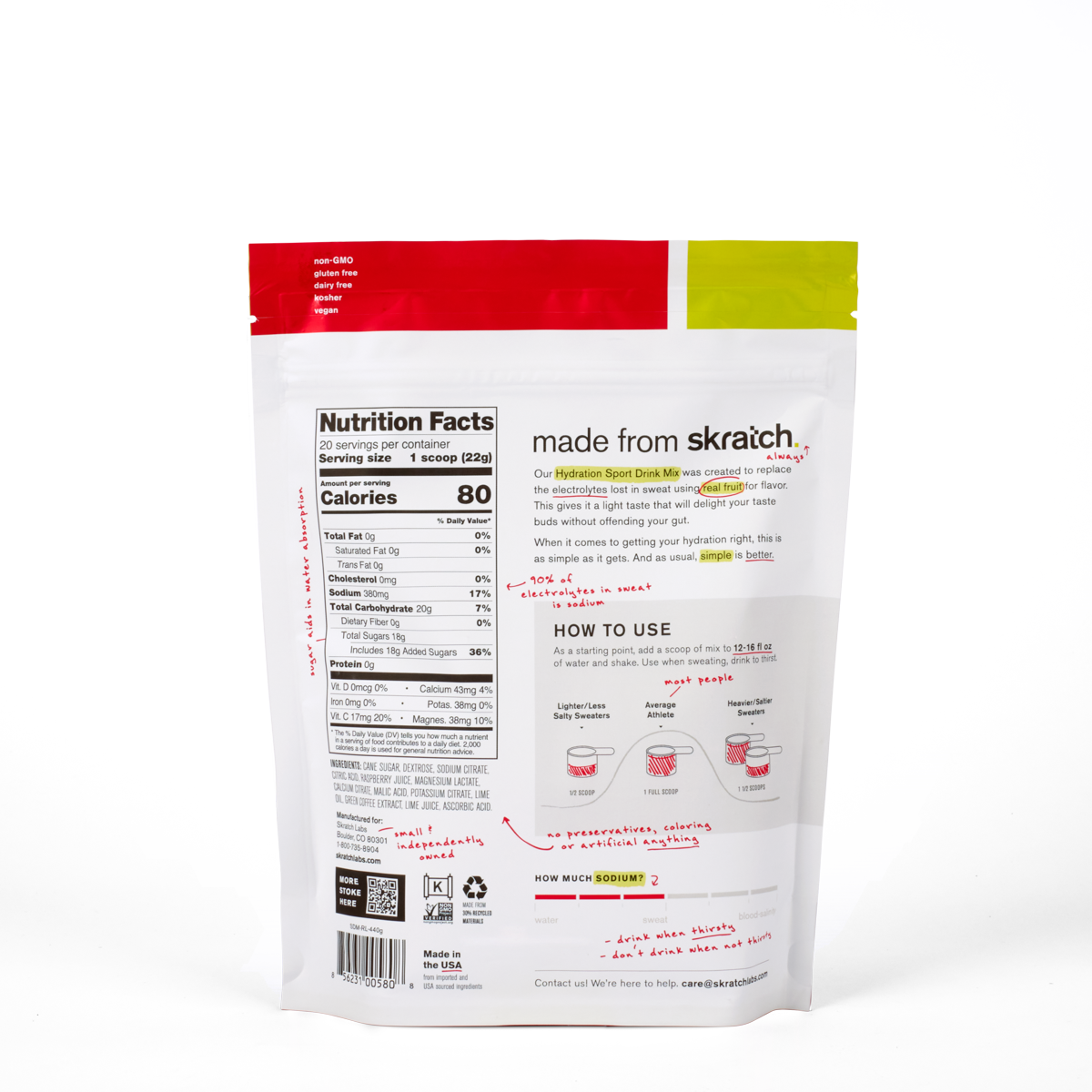 A back of a pouch of Skratch Labs raspberry limeade hydration sport drink mix