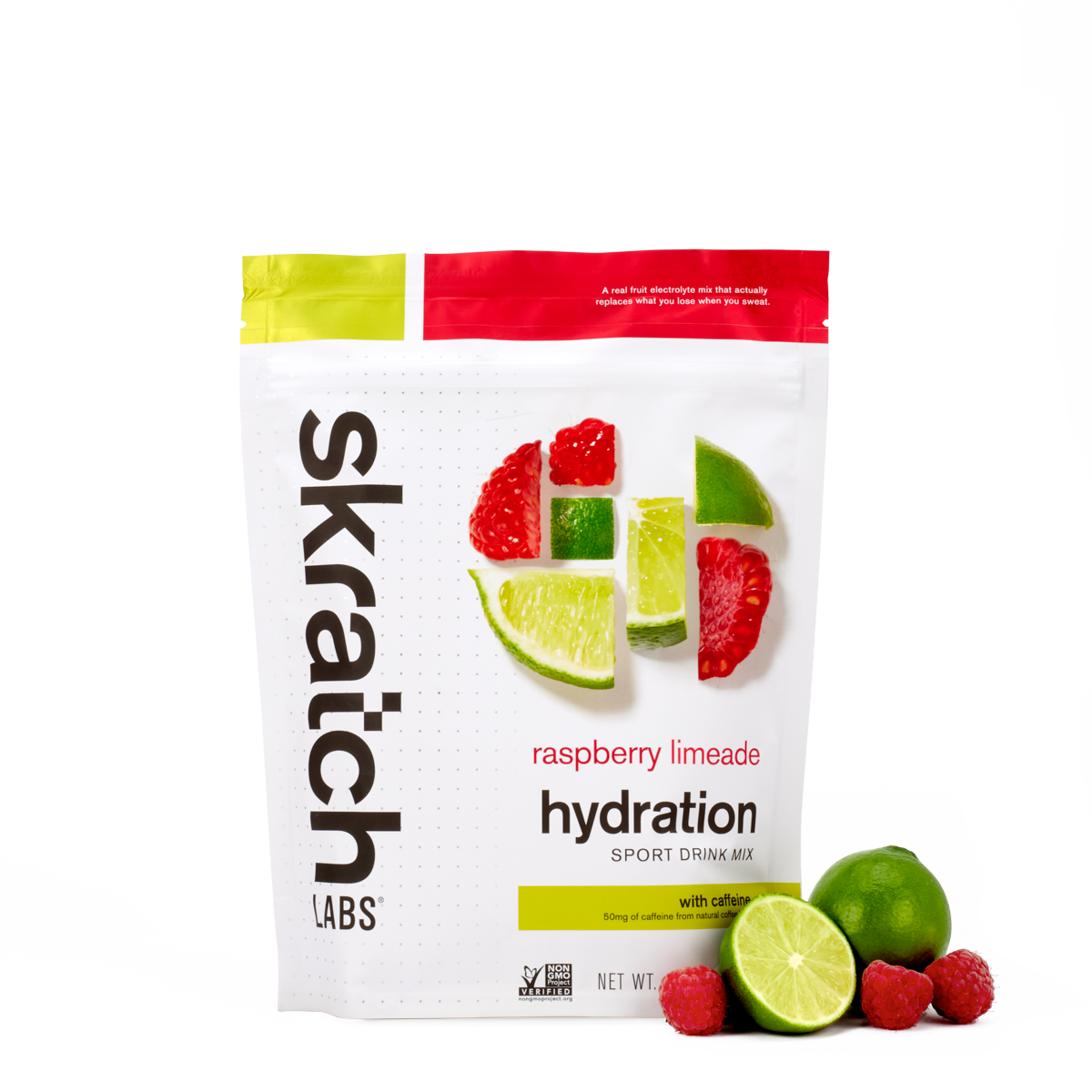 A front of a pouch of Skratch Labs raspberry limeade hydration sport drink mix